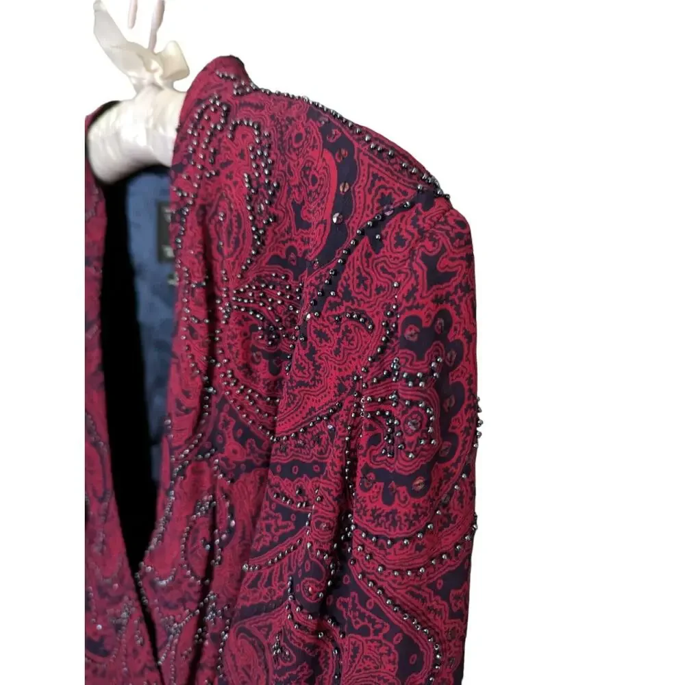 Carmen Marc Valvo Silk Beaded Blouse Women 10 Burgundy Blue Paisley Bell Sleeve - Picture 4 of 8